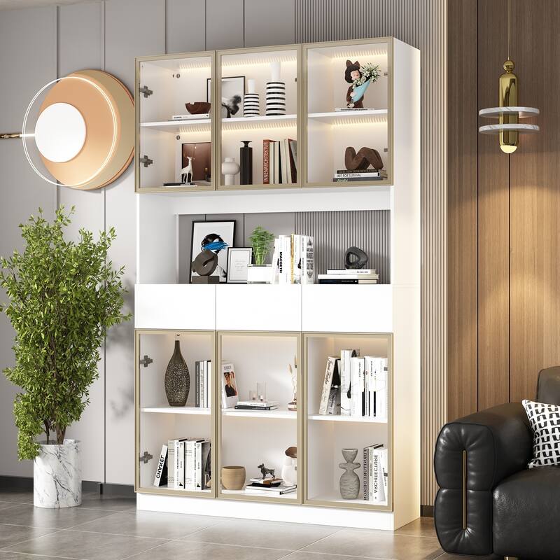 Tall Modular Display Storage Cabinet Bookcase w/Light Home Office - 47.2"-White