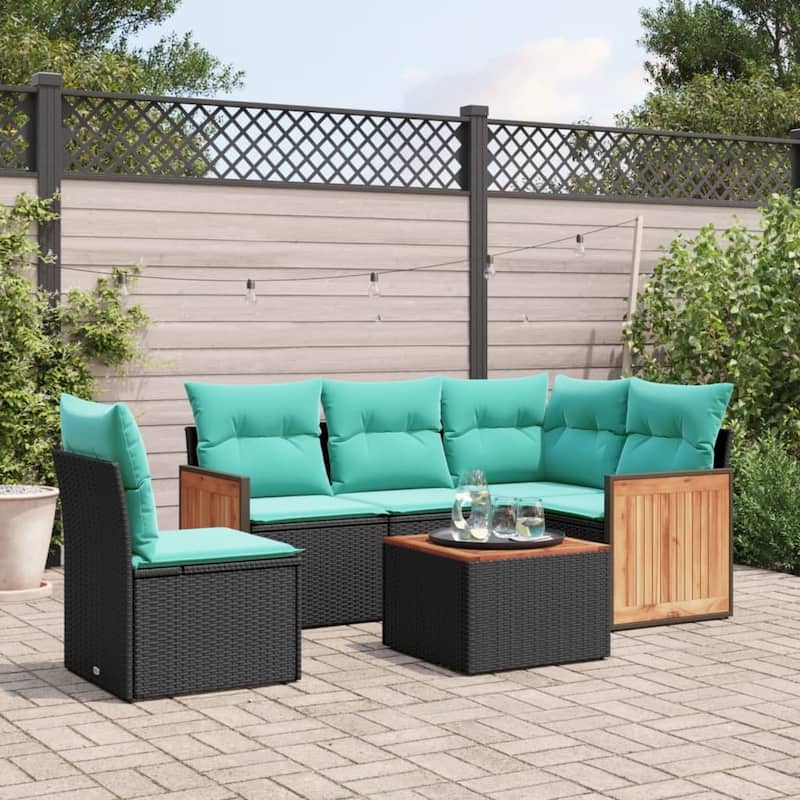 vidaXL 5 Piece Patio Sofa Set with Cushions Black Poly Rattan - 21.7x27.2x24.4-With table