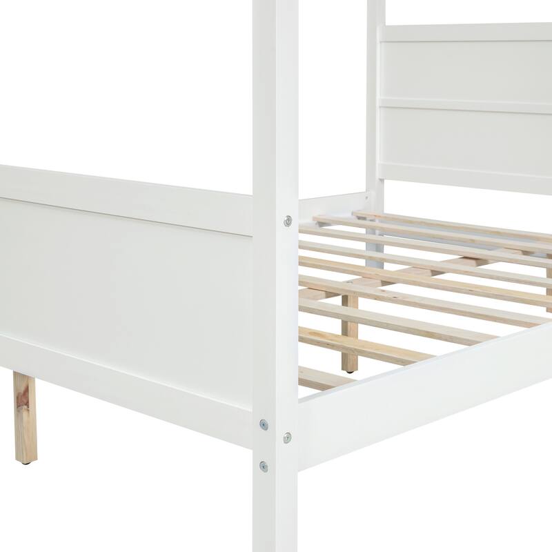 HomeRoots White Inlaid Panels Wood Queen Canopy Bed