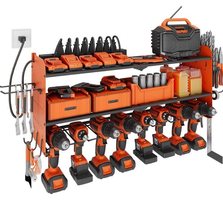 Power Tool Organizer with Charging Station Garage 8 Drill Holders Wall Mount with 8 Outlets Power Strip - Orange