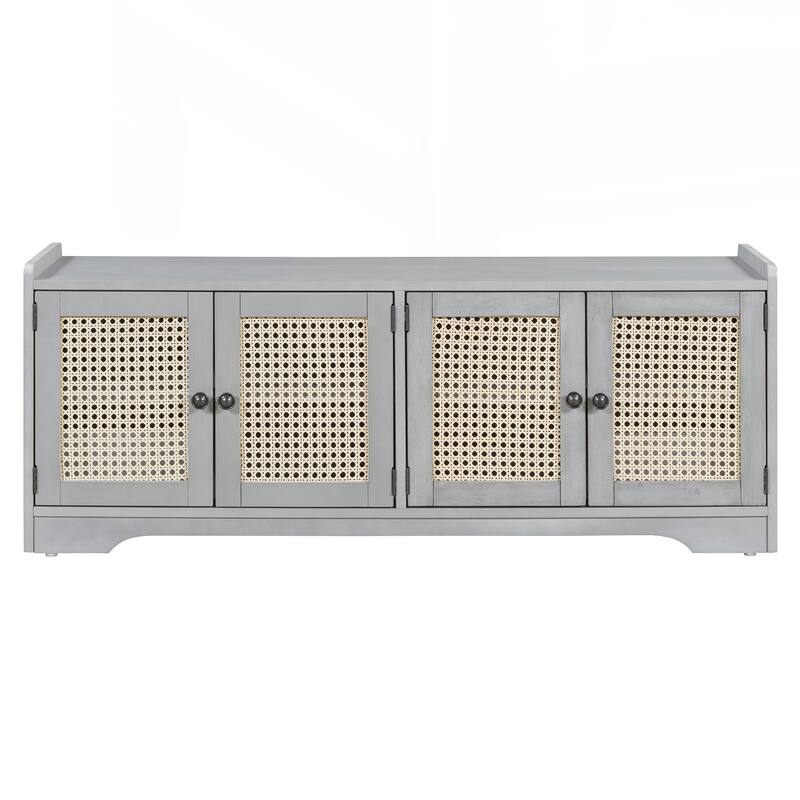 Rustic Storage Bench Multifunctional Wood Entryway Shoe Bench with Removable Cushion, Woven Rattan Doors & Adjustable Shelves