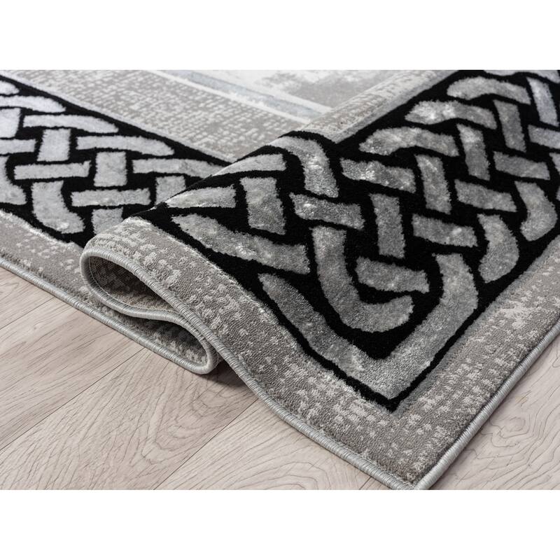 Ksamil Collection Dark Grey/Black Abstract Border Area Rug