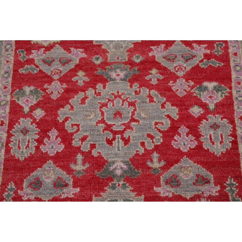 Red Geometric Oushak Turkish Oriental Rug Hand-knotted Wool Carpet - 3'0" x 3'9"