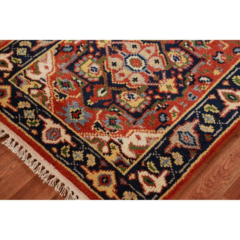 Hand Knotted Oriental 100% Wool Carpet Traditional Geometric Oranges & Rust Heriz (serapi) Runner Rug - 9' 9'' X 2' 6''