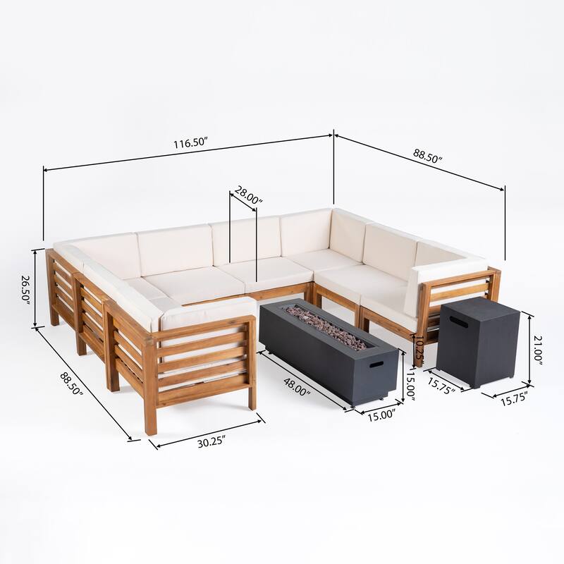 Malawi Outdoor 10-Piece U-Shaped Acacia Wood Sectional Sofa Set with Fire Pit by Christopher Knight Home