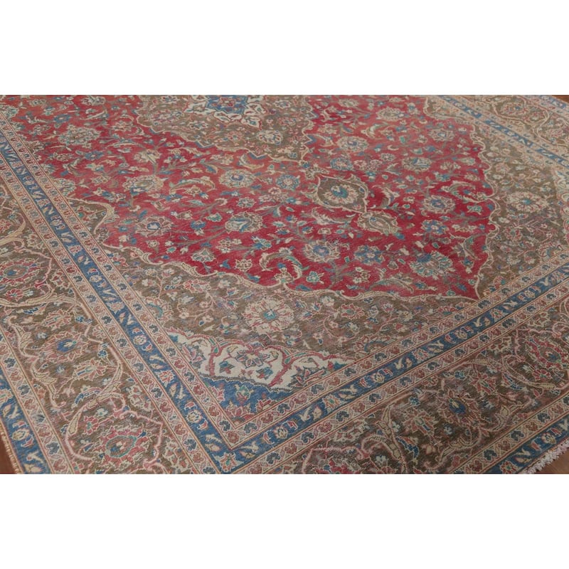 Traditional Floral Mashad Persian Vintage Rug Handmade Wool Carpet - 9'0"x 12'8"