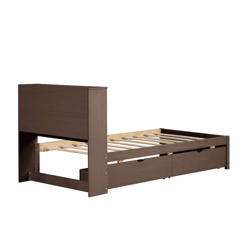 Modern Twin Size bed Frame With Built-in USB Port on Bookcase Headboard and 2 Drawers for Walnut Color
