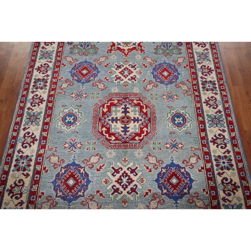 Blue Geometric Kazak Oriental Area Rug Hand-Knotted Wool Carpet - 5'0" x 6'6"