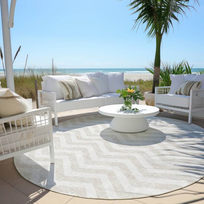 Machine Washable Indoor/ Outdoor Chantille Chevron Stripe Rug - Ivory - 8' x 8'