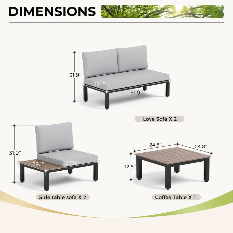 10-Seat Patio Sectional sofa set, E-coating Steel frame Conversation Sets with Built-in Side Table , Grey Cushion