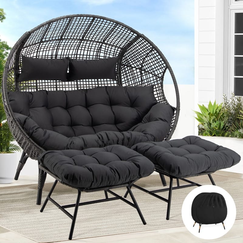 FINCATI Double Egg Chair with 2 Ottomans & Rain Cover, 680-lb Capacity