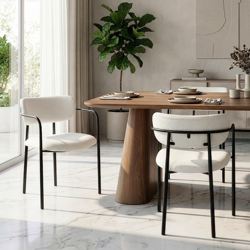 Set of 2 Bedivere Beige Boucle Fabric Dining Chair with Black Iron Arms and Legs