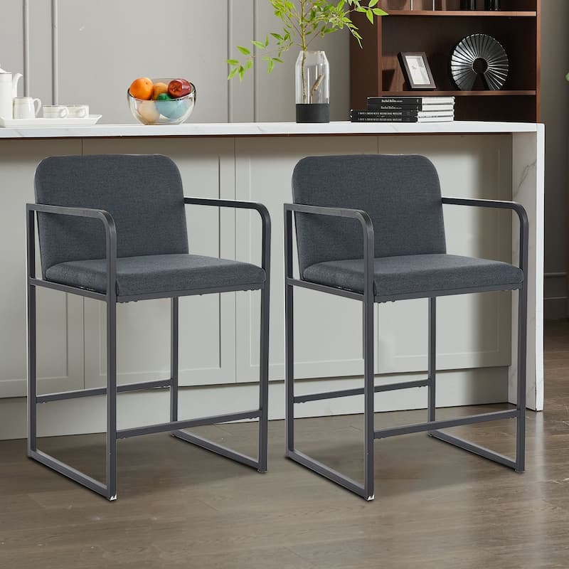 Modern Classic Set of Two Upholstered Bar Stools with Footrest - Dark Gray