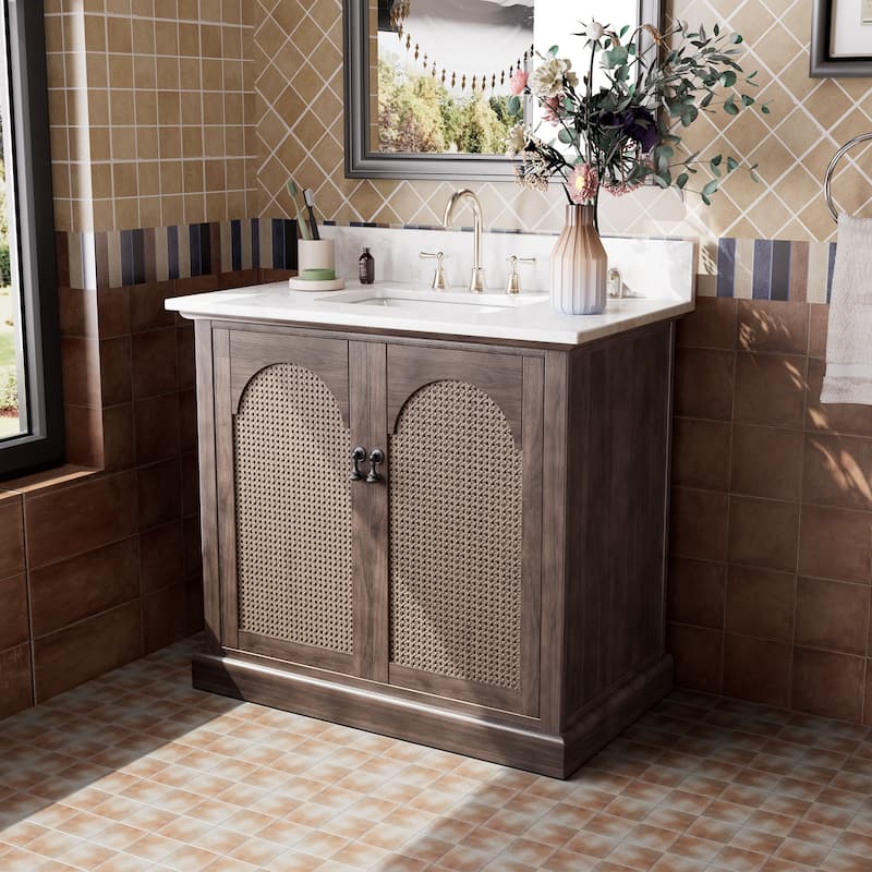 36" Bathroom Vanity with Single Sink, Double Doors, Rattan Accents & Marble-Style Top