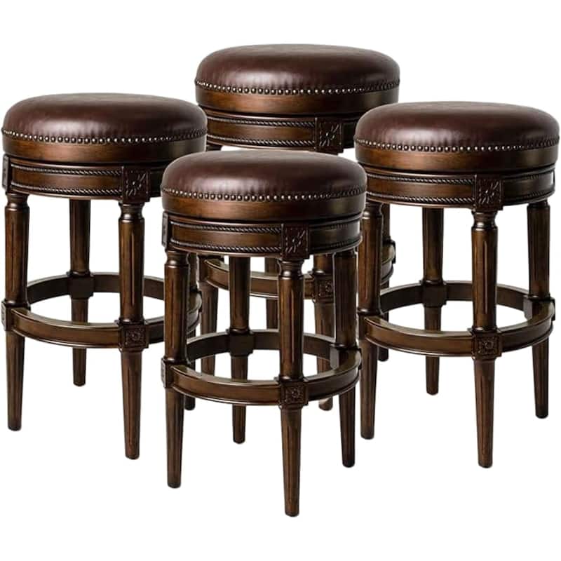 Maven Lane Pullman Backless Swivel Kitchen Stool - Set of 4 - Dark Walnut Vegan Leather - Bar Height