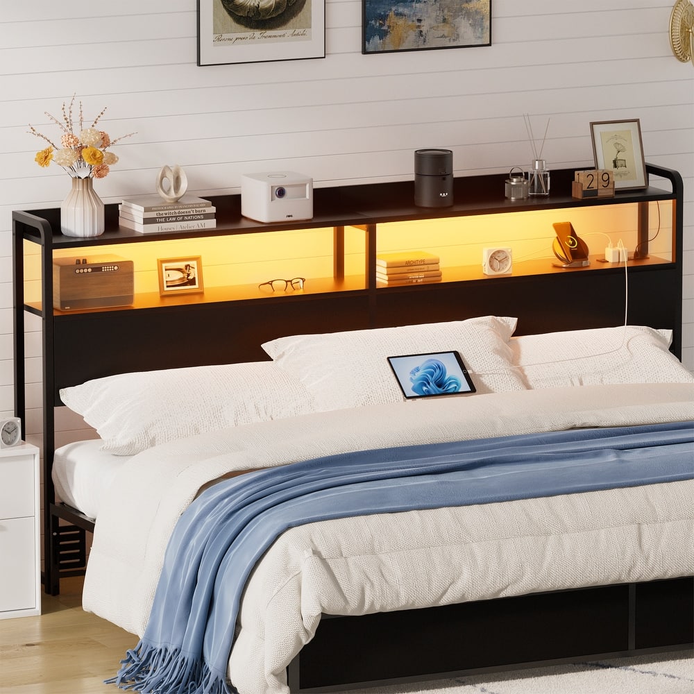 Headboard with Storage Drawers and LED Light, Head Board with Outlets, USB Ports