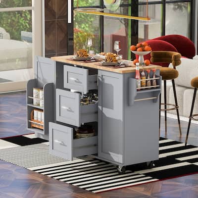 Rolling Kitchen Island with Storage, Rubber Wood Top, 3 Drawer