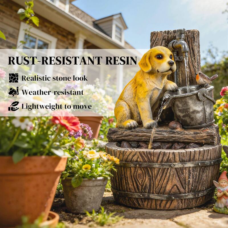 Outsunny 22" Outdoor Fountain with 3-Tier Puppy Theme, Cascading Waterfall Feature with LED Lights and Adjustable Flow