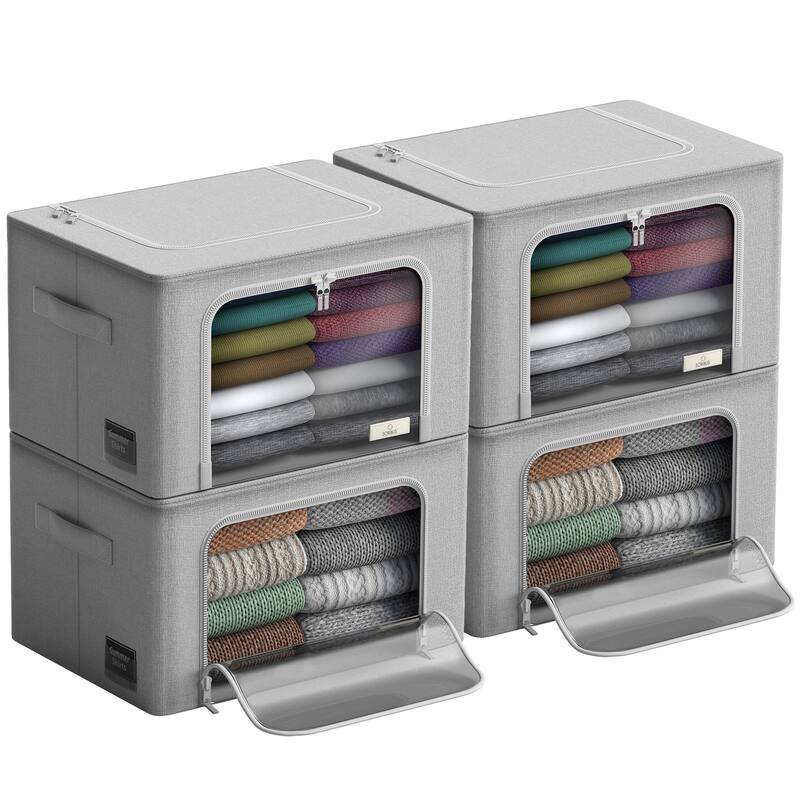 Sorbus Storage Bins with Metal Frame Stackable Foldable Clothes Organizer Bags Oxford Fabric With Clear Window & Handles- 4Pk - Grey