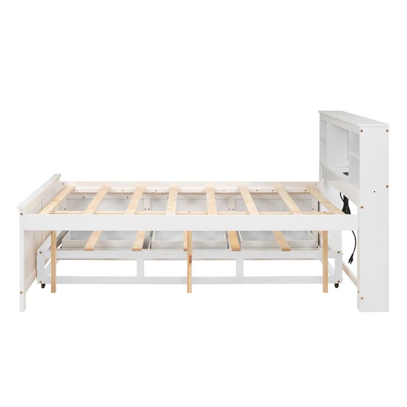 Full Size Platform Bed with Storage Headboard, USB, Twin Trundle, and 3 Drawers in White