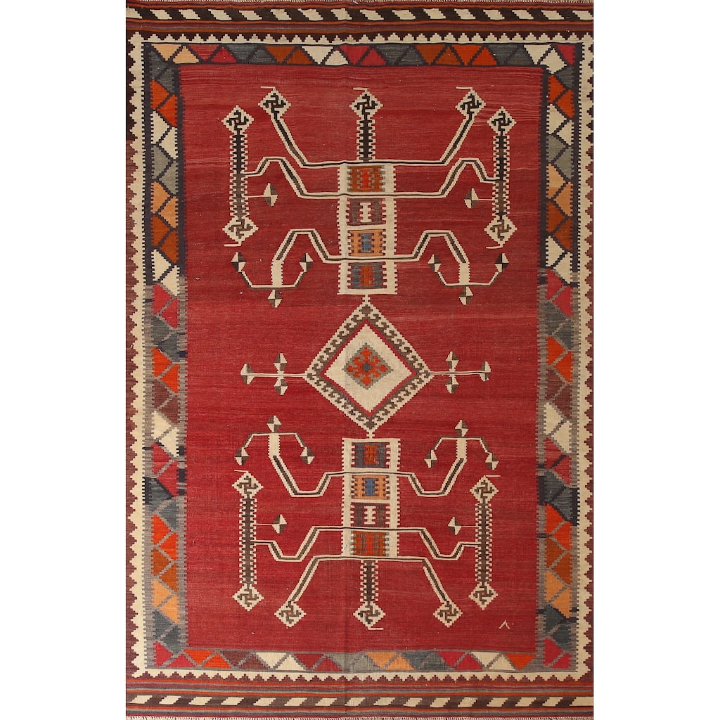 Red Kilim Qashqai Persian Vintage Hand-Woven Wool Carpet - 5'11" x 9'4"