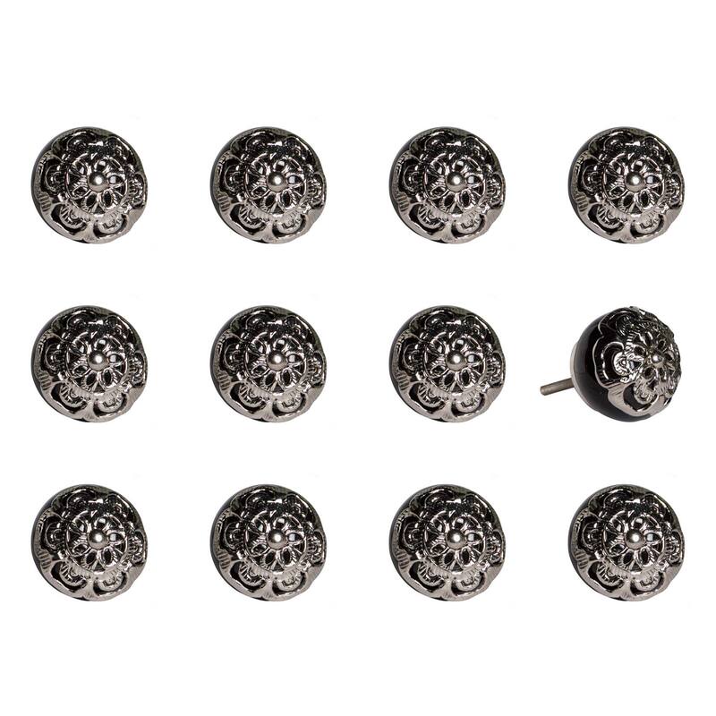 HomeRoots Set of Twelve Black And Silver Ceramic Filigree Floral Drawer Pull Knobs - 1.50 in. x 1.50 in. x 1.50 in.