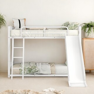 Twin Over Twin Metal Bunk Kids Bed with Slide, Inclined Ladder & Strong Slats, No Box Spring Needed, Easy to Assenble, Black
