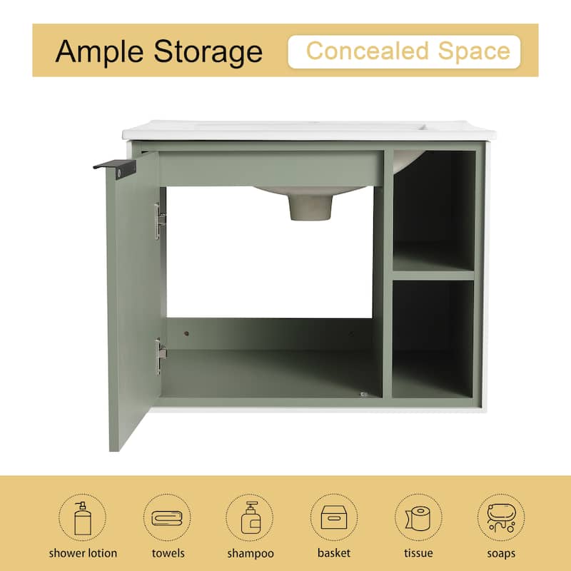 Malwee 24"/30" Floating Bathroom Vanity, Wall Mounted Bathroom Vanity with Ceramic Sink,Soft Close Door and Shelf