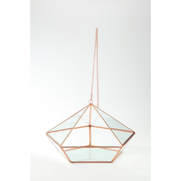 13.5" Rose Gold Colored Geometric Handblown Glass Terrarium Planter with Chain - N/A