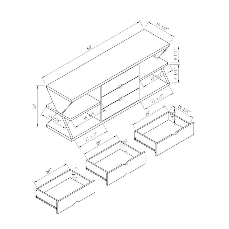 Modern TV Stand with Four Open Shelves and Three Storage Drawers - White Oak - White Oak