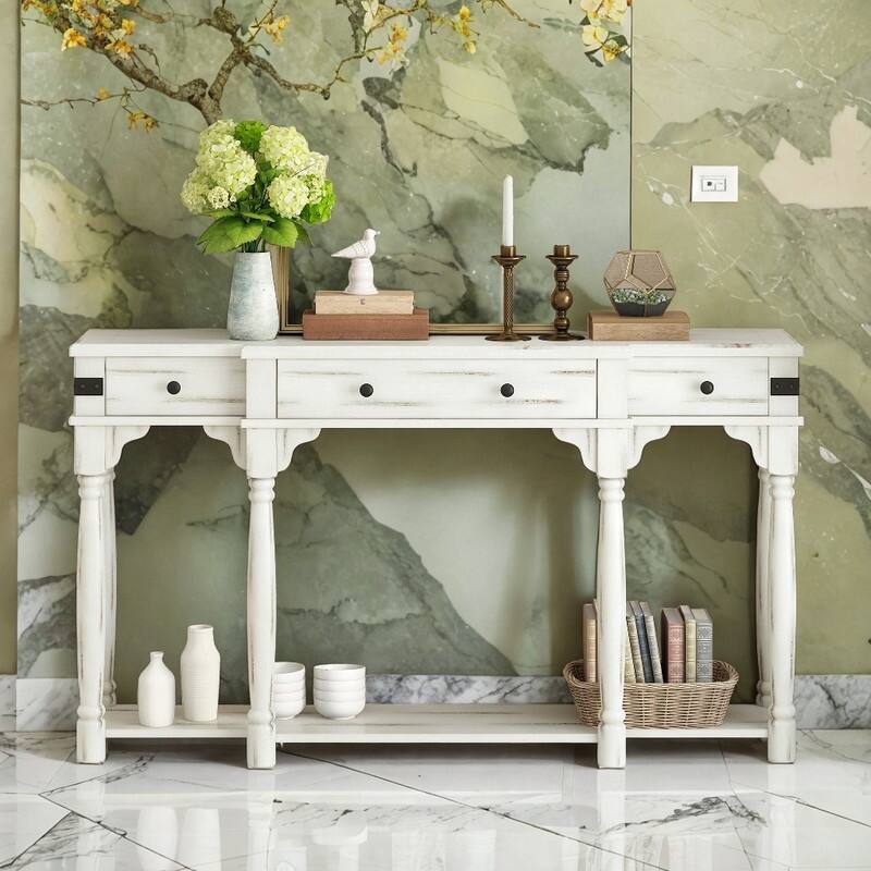 60" Mediterranean Style Console Table with Storage Drawers and Bottom Shelf for Living Room, Creamy White