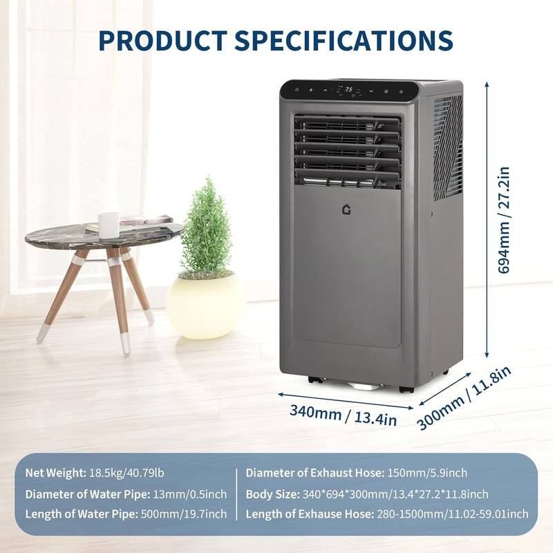 Portable Air Conditioner, 8000 BTU for Rooms Up to 350 Sq. Ft. 4 Modes with Remote Control Quiet AC