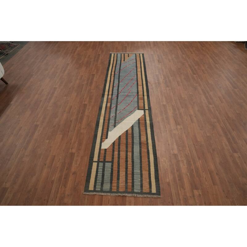 Hand Woven Oriental 100% Wool Carpet Southwestern Modern Greys & Charcoal Kilim Runner Rug - 11' 9'' X 2' 9''