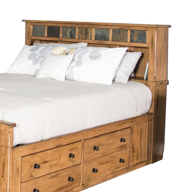Marv Queen Size Bed, Storage Footboard Bookcase Headboard, Light Brown