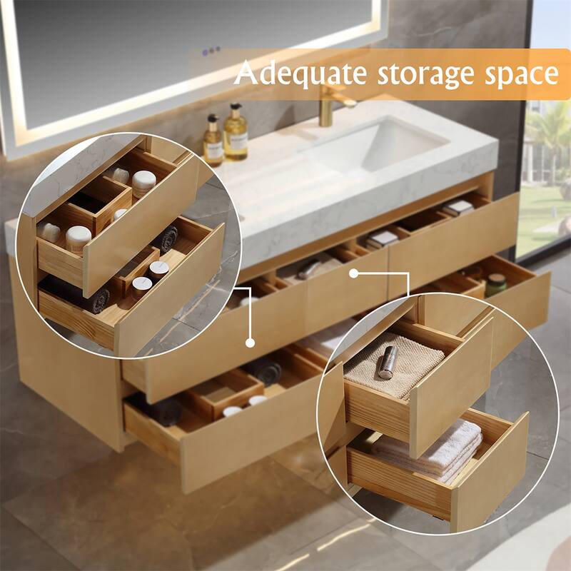 48 in./ 60 in. Solid Wood Wall-Mounted Bathroom Vanity Set in Maple with Engineered Stone Top and Ceramic Sink
