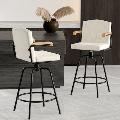Javlergo Modern Upholstered Bar Stools with Backrest and Wooden Armrests Bar Height Stools with Metal Legs for Kitchen/Dining