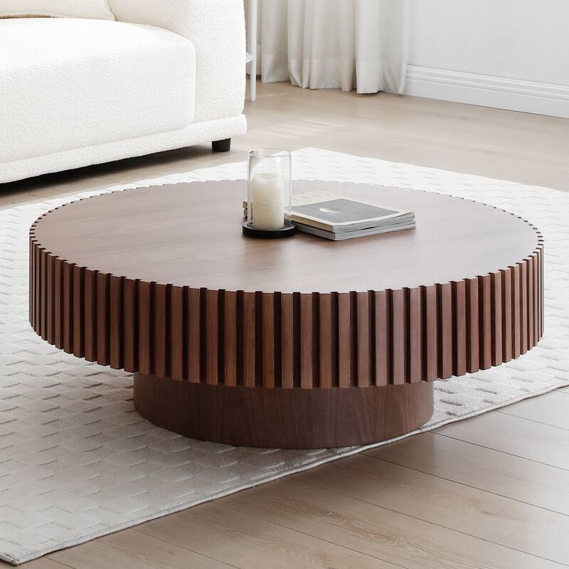 35.43'' Nesting Round Wood Coffee table for Apartment, Modern Living Room Coffee Table with Sturdy Pedestal