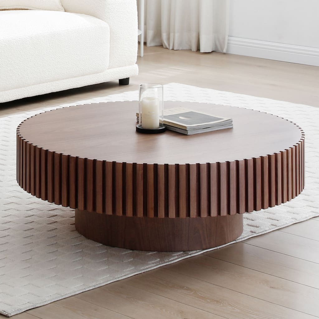 39.37'' Mid-Century Modern Coffee Table Round Coffee Table Walnut Coffee Table with Base, for Living Room