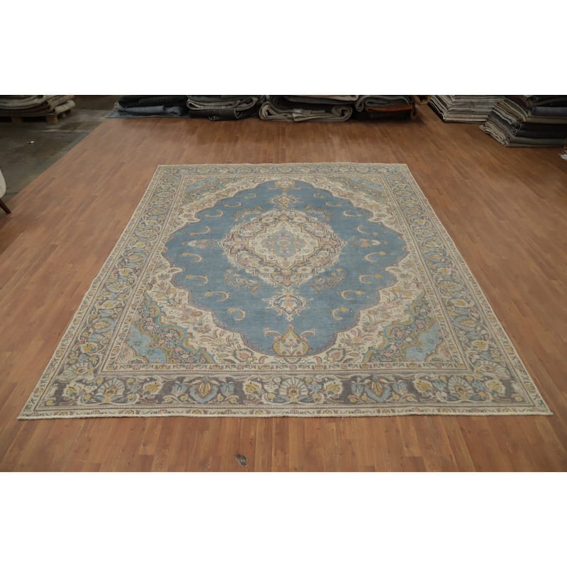 Hand Knotted Oriental 100% Wool Carpet Traditional Floral Navy Blue & Blues Tabriz Area Rug - 12' 0'' X 9' 10''