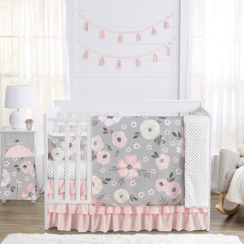 Sweet Jojo Designs Grey Boho Floral Girl 6p Crib Bedding + BreathableBaby Breathable Mesh Liner Bohemian Shabby Chic - Crib Size