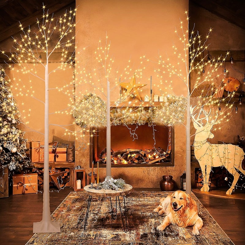 3-Piece Brich Tree Light Tree 4FT & 5FT & 6FT, Lighted Christmas Tree, Artificial Xmas Tree for Decoration Inside & Outside