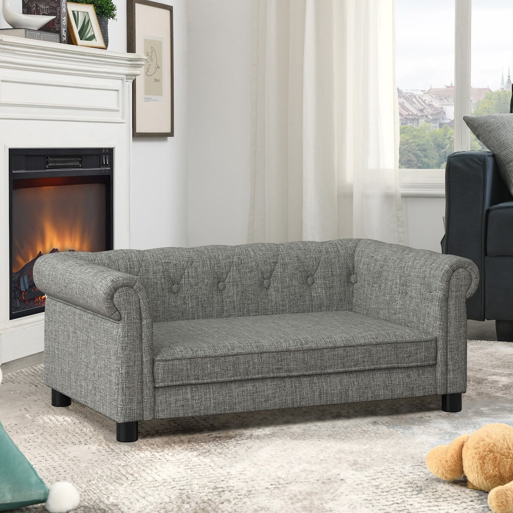 Roomfitters Upholstered Pet Sofa Chesterfield Style Elevated Dog Bed Couch with Rolled Arms and Button Tufted Back