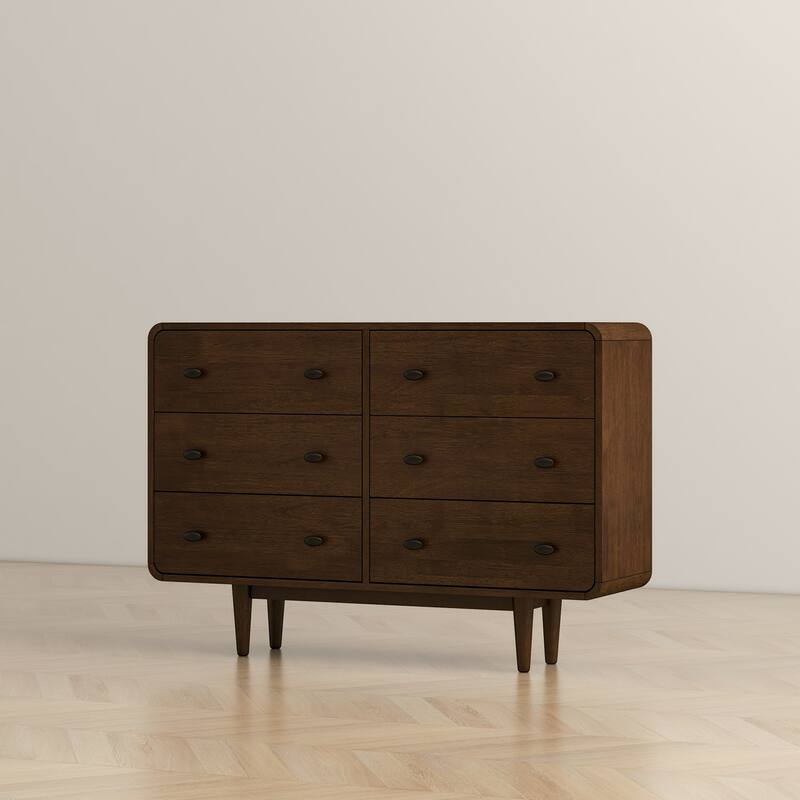Seamore Mid-Century Modern 6-Drawer Double-Dresser Solid Wood in Brown