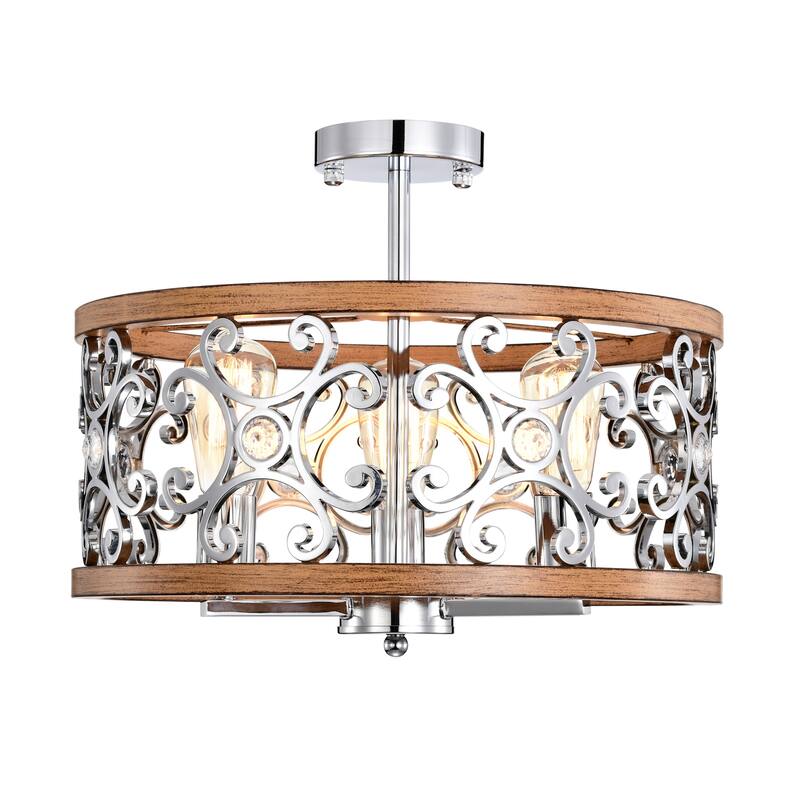 Tase 18 Inch Matte BLack Mid-Modern Semi Flush Mount 3-Light - Chrome Polish and Imitation Wood Grain