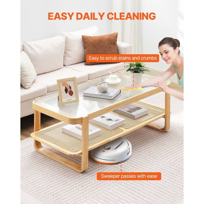 45-Inch Rectangle Rattan Coffee Table with Tempered Glass Top and One Open Storage Shelf - 45.3 x 22.4 x 17.7 in