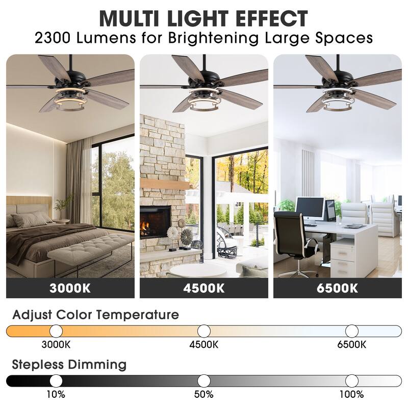 52" Farmhouse Matte Black Reversible Integrated LED Dimmable Reversible Ceiling Fan with Light and Remote