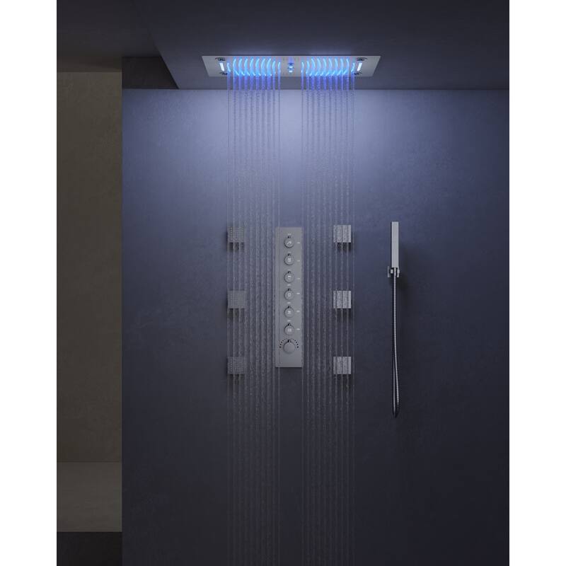 Shower Faucet System 28"*16" Ceiling Mount Shower Head with 4 Spray Mode Body Jets Handheld Spray LUXURY LED