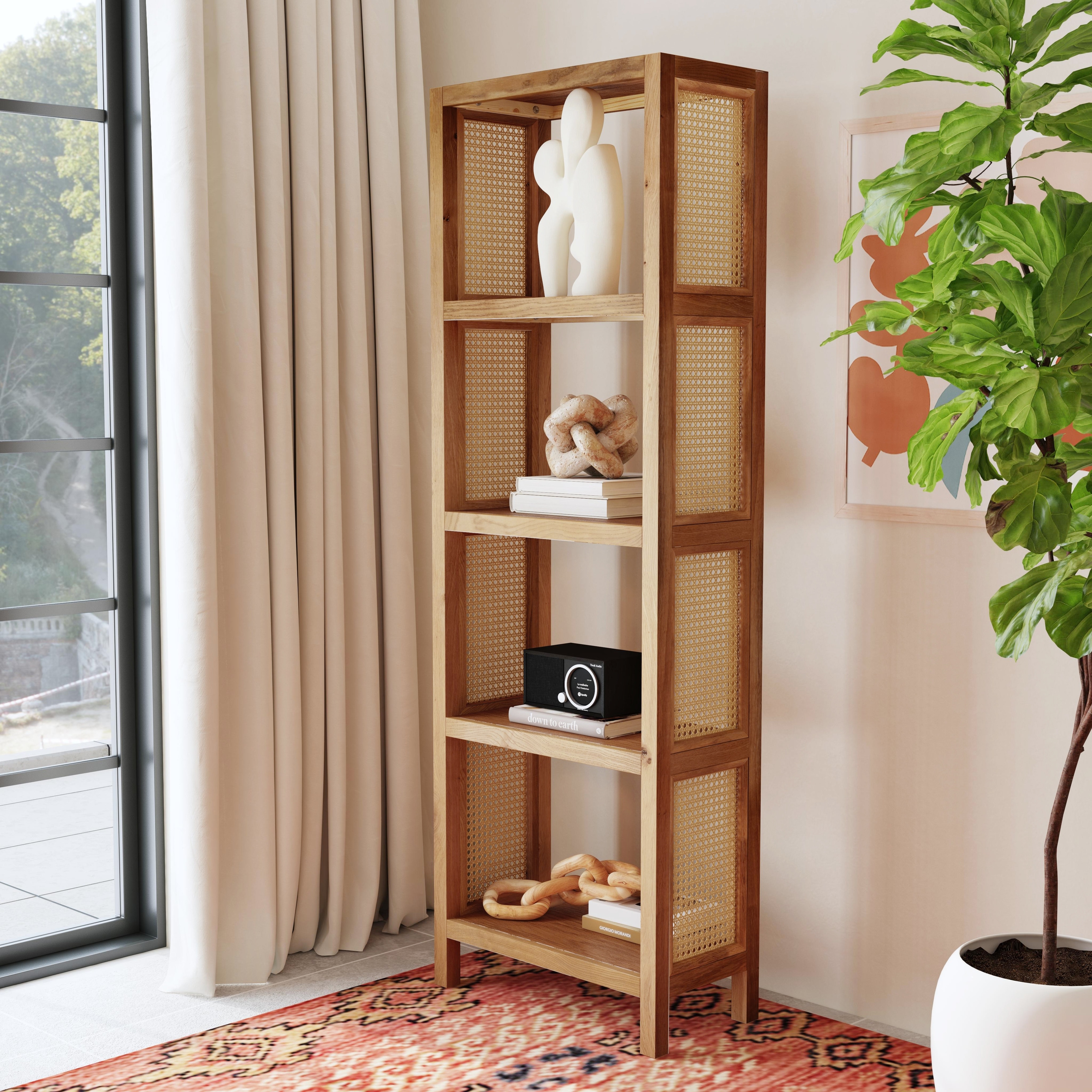 Mesa Cane and Solid Wood 4-Tier Etagere Bookcase