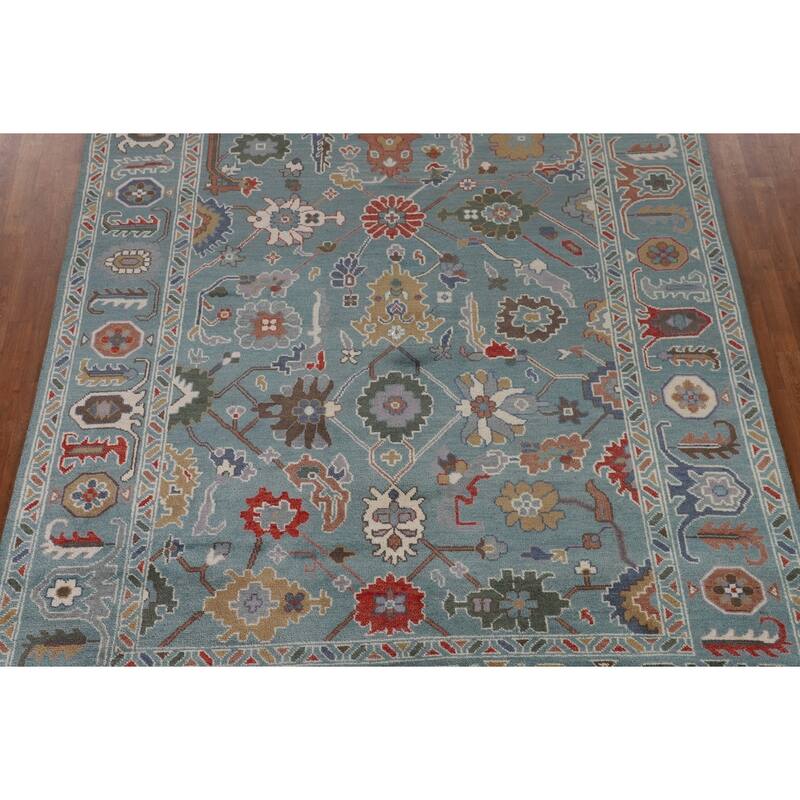 Floral Blue Oushak Oriental Area Rug Hand-Knotted Wool Carpet - 8'1"x 9'11"