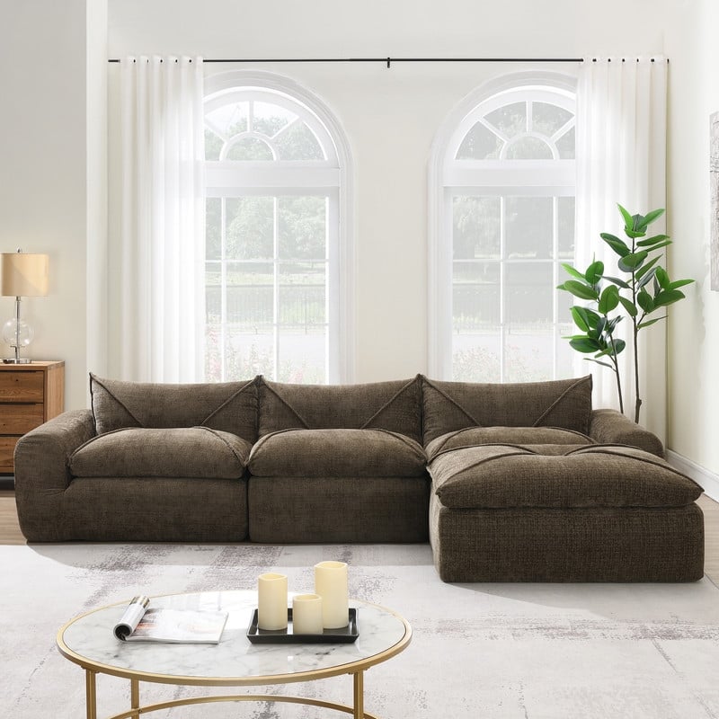 116'' Fully Compressed Sofa with High Density Foam, No Assembly Required - Brown